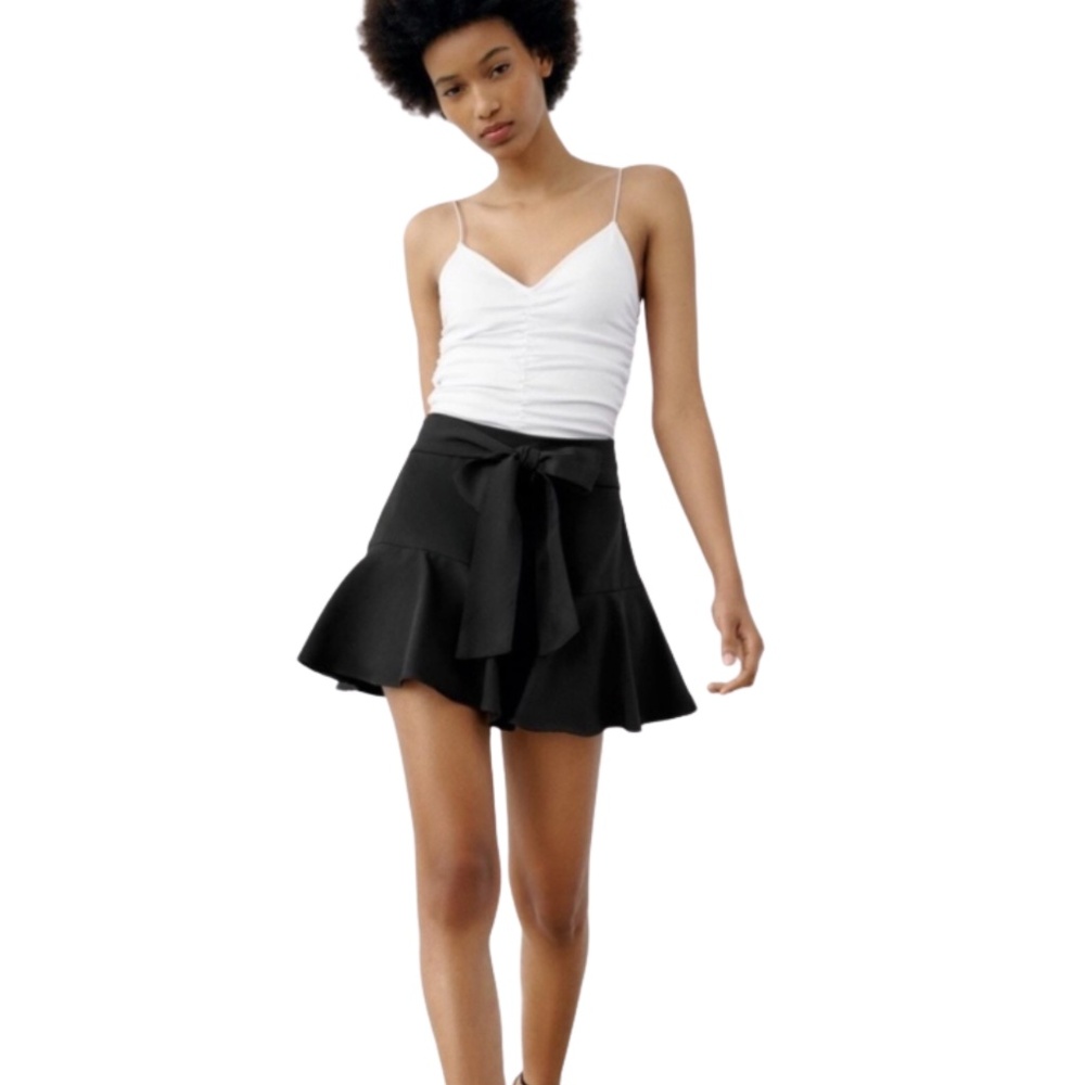 ZARA Black Skort Womens S Bow Tie Waist Mini Skirt Shorts Preppy Skater Coquette